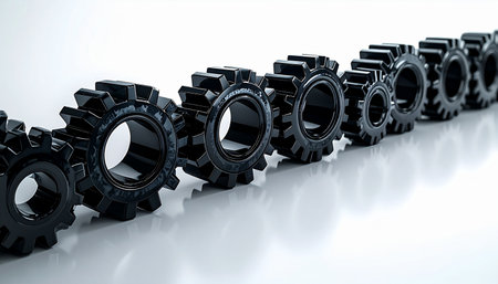 A precise row of black mechanical gears stands ready on a clean, reflective surface. Each cog is a vital part of a larger system, symbolizing teamwork, efficiency, and the seamless flow of an industrial process. This image represents the power of connection and collaboration in driving innovation and progress.の素材