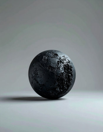 A single, dark sphere rests in a quiet space, its heavily textured surface hinting at a violent cosmic origin. It could be a remnant of a distant planet or the core of a powerful, unknown element, inviting contemplation on creation and destruction.の素材