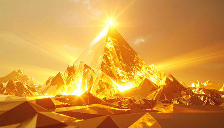 A breathtaking digital landscape where mountains of golden crystal pierce a glowing sky. A powerful sunburst erupts from the highest peak, bathing the geometric terrain in a radiant, warm light. This image evokes a sense of epic discovery, achievement, and a powerful, hopeful future.の素材