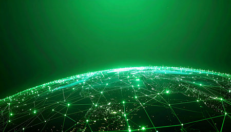 A luminous green network of data envelops the globe, symbolizing a new era of digital communication and interconnected technology. Lines of light pulse between nodes, representing the constant flow of information, innovation, and global growth in a futuristic world.の素材