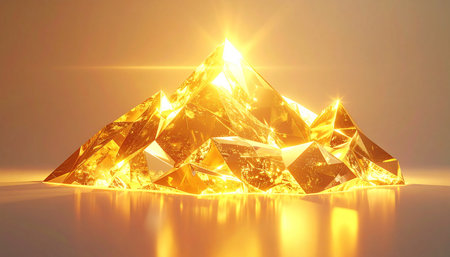 A magnificent pile of precious golden gemstones rests on a reflective surface, glowing with an intense inner light. A brilliant starburst at the peak suggests immense value, energy, and the discovery of a rare and valuable treasure.の素材