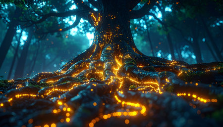 In the heart of an ancient, twilight forest, a colossal tree pulses with life. Its intricate root system glows with a warm, golden energy, illuminating the forest floor and revealing the hidden network that connects all living things. This is a place of magic, power, and deep, unspoken wisdom.の素材