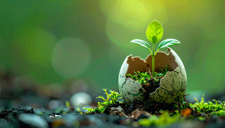 A tiny green seedling emerges from a cracked eggshell resting on dark soil, symbolizing a fresh start and the powerful potential of new life. Bathed in soft sunlight against a lush, natural background, this image represents hope, growth, and sustainable beginnings.の素材