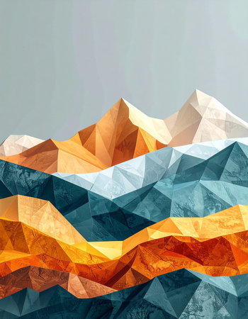 A stunning digital landscape where sharp, geometric peaks rise in a symphony of warm oranges and cool teals. This abstract, low-poly mountain range evokes a sense of modern exploration, representing concepts like data visualization, technological innovation, and overcoming complex challenges.の素材