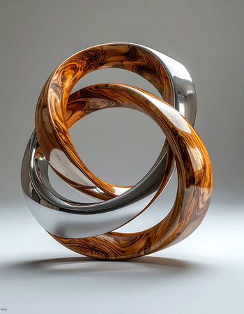 A modern sculpture captures the elegant fusion of nature and industry. A warm, polished burl wood ring seamlessly intertwines with a cool, reflective chrome loop, symbolizing a perfect, infinite partnership and the beauty of harmonious connection.の素材