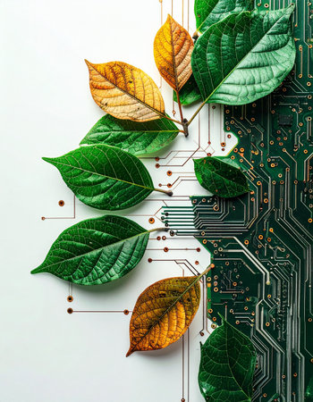 A powerful visual metaphor where vibrant leaves sprout from the intricate pathways of a computer circuit board. This image represents the harmonious integration of nature and technology, symbolizing concepts like green innovation, sustainable development, and the future of eco-friendly computing.の素材