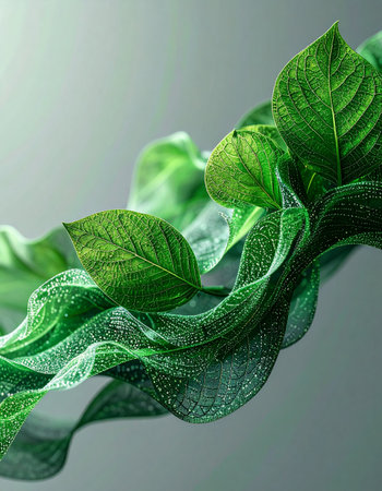 A visual representation of the synergy between the natural world and advanced technology. Fresh green leaves seamlessly merge with flowing digital circuits, symbolizing concepts like sustainable innovation, green computing, and the future of biotechnology.の素材