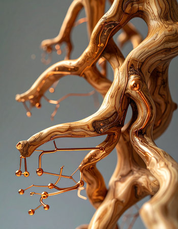 Intricate copper wires flow like energy through the organic, gnarled branches of a wooden sculpture. This piece represents the synergy between nature and technology, a modern network of growth and connection.の素材