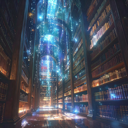 In a vast, grand library, ancient wisdom meets futuristic technology. Glowing streams of digital data cascade from a celestial ceiling, illuminating endless rows of books in a sanctuary of infinite learning and discovery.の素材