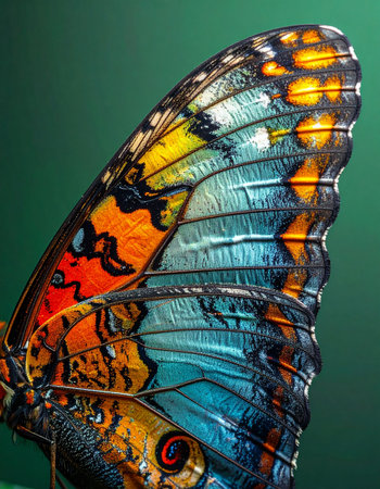 A stunning macro photograph capturing the intricate details and vibrant, iridescent colors of a butterflys wing. The shimmering scales create an abstract mosaic of blue, orange, and yellow, showcasing the delicate and complex beauty found in natures design.の素材