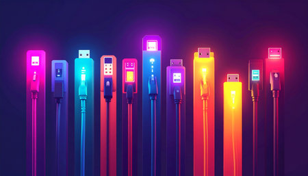 A vibrant collection of different USB cables glows with neon energy against a dark backdrop. This image symbolizes the constant flow of data, power, and connectivity that defines our modern digital world, representing innovation and the future of technology.の素材