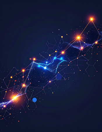 A vibrant stream of data flows through a complex digital network, with glowing nodes representing points of connection and innovation. This visual metaphor captures the essence of modern technology, global communication, and the interconnected future of information systems.の素材