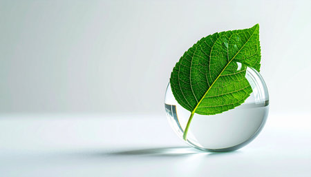 A single, vibrant green leaf is delicately preserved within a perfect sphere of pure, clear water. Set against a clean, minimalist background, this image symbolizes the intersection of nature and science, representing concepts like environmental protection, sustainable innovation, and the pure essence of life itself. It evokes a sense of calm, hope, and the fragile beauty of our ecosystem.の素材