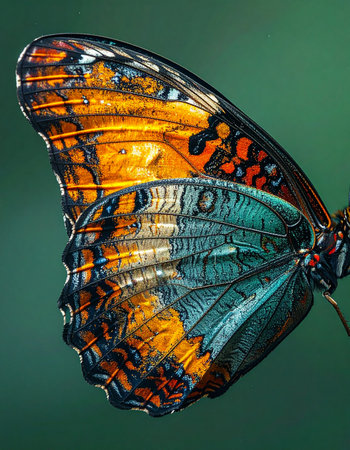 A stunning macro photograph captures the intricate detail of a butterflys wing, shimmering with iridescent teal and fiery orange hues. The delicate patterns resemble a piece of stained glass, showcasing the breathtaking artistry found in nature and evoking a sense of wonder and transformation.の素材
