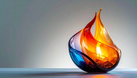 A stunning piece of hand-blown glass art captures the essence of a flickering flame. Warm hues of orange, red, and yellow dance and swirl, contrasting with a cool blue base, symbolizing the dynamic interplay of passion and tranquility. This elegant sculpture sits on a reflective surface, radiating warmth and creative energy against a minimalist background.の素材