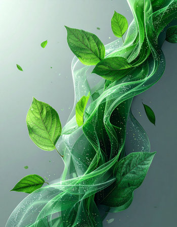 A dynamic wave of translucent green energy swirls gracefully, carrying fresh, vibrant leaves in its current. This abstract visual represents the fusion of nature and technology, symbolizing concepts like sustainable innovation, clean power, and the vital force of ecological growth.の素材