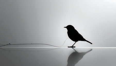 A lone bird stands in quiet contemplation, its dark silhouette mirrored on the smooth surface below. This minimalist black and white image evokes a sense of peace, solitude, and thoughtful introspection, perfect for concepts of calm, beginnings, or quiet observation.の素材