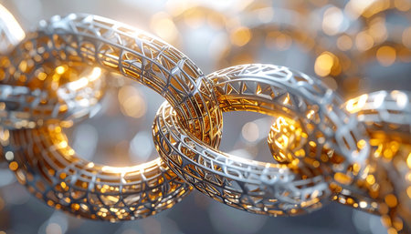 A macro photograph captures two intricately detailed links of a powerful chain, interlocked and glowing with a warm, golden light. This close-up view highlights the complex, ornate design and the unbreakable bond, symbolizing concepts of security, connection, and the strength found in unity and advanced technology.の素材
