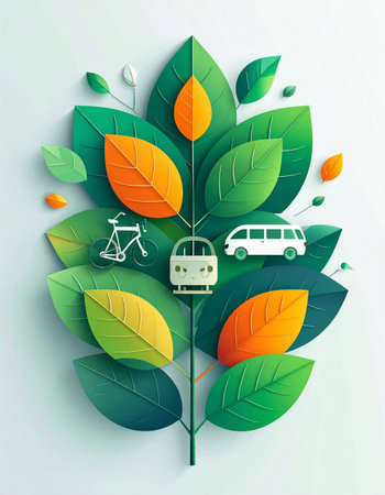 A paper art illustration envisions a sustainable future where eco-friendly transport options like a bicycle, tram, and van are integrated into a flourishing plant. This symbolizes a harmonious balance between urban mobility and nature, representing innovation in green transit for a healthier planet.の素材