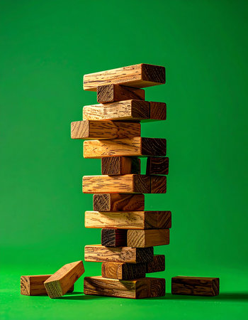 A tense moment in a game of skill and strategy. The wooden block tower stands precariously against a vibrant green background, each removed piece increasing the risk of collapse. This image represents concepts of balance, risk management, and the fragile nature of success.の素材