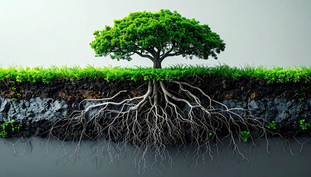 A cross-section view reveals the hidden world beneath a flourishing green tree. Its deep and complex root system anchors it firmly in the earth, symbolizing strength, stability, and the unseen support systems vital for growth and resilience.の素材