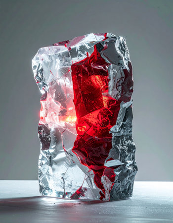 A raw, unrefined block of crystal reveals its secret - a powerful, luminous red core that pulses with an inner energy. This abstract image evokes concepts of hidden potential, raw power, and the precious heart of matter.の素材