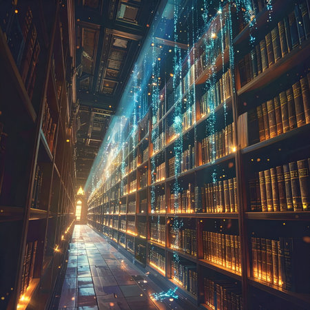 In a timeless library where ancient wisdom resides in countless books, a powerful stream of digital data descends from above. This beam of light represents the fusion of classic knowledge with modern technology, symbolizing the digital transformation of information, big data, and the future of learning and archives.の素材