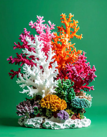 A stunningly vibrant model of a coral reef, showcasing a rainbow of colors from pink to orange and deep purple. Isolated against a solid green background, this artificial marine ecosystem serves as a powerful symbol of ocean biodiversity, conservation, and the beauty of underwater life, perfect for decorative or conceptual projects.の素材