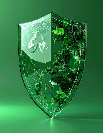 A transparent shield stands as a powerful symbol, encapsulating a vibrant ecosystem within its protective form. This 3D render illustrates the concept of environmental protection, green technology, and the vital need to safeguard our planets biodiversity for a sustainable future.の素材