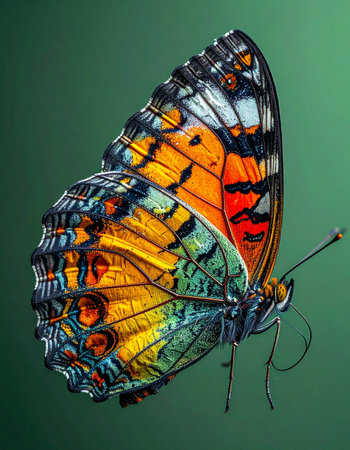 A stunning macro photograph captures the exquisite detail of a butterflys wing, showcasing a kaleidoscope of vibrant colors against a serene green backdrop. This image symbolizes natural beauty, transformation, and the delicate intricacies of life.の素材
