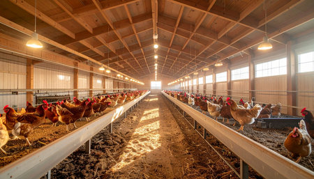 Warm morning light streams into a spacious, modern henhouse, illuminating rows of free-range chickens as they begin their day. This image captures the heart of sustainable poultry farming, highlighting a commitment to ethical animal husbandry and the start of the food supply chain in a clean, orderly environment.の素材