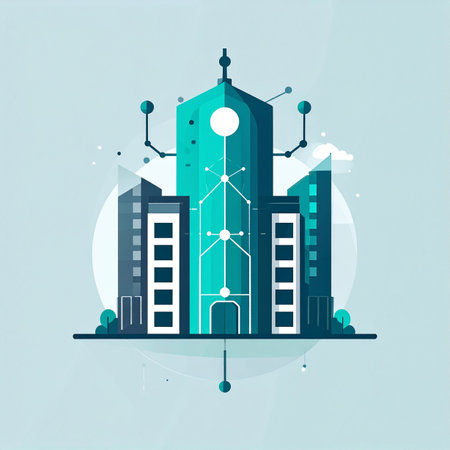 An illustration of a futuristic smart building, acting as the central hub of a digitally connected city. Lines and nodes represent the flow of data and the integration of technology into modern architecture, symbolizing innovation, efficiency, and the future of urban living.の素材