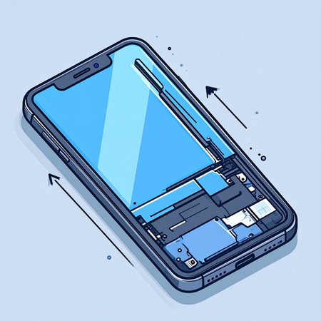A detailed vector illustration captures the precise moment of a smartphone screen replacement. The display lifts away, revealing the intricate internal components and complex circuitry, symbolizing technology, repair, and the inner workings of modern communication devices.の素材