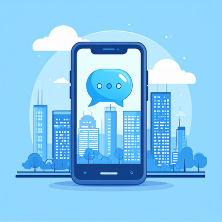 A smartphone displays a chat icon, symbolizing seamless digital communication and connectivity within a bustling modern metropolis. This illustration represents the concept of a smart city, where technology integrates with urban living to foster community and instant connection.の素材