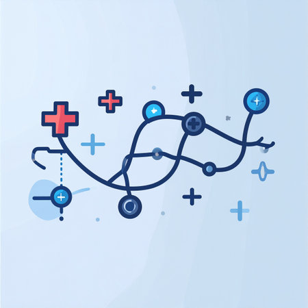 An abstract illustration representing the intricate journey of data analysis. Lines connect various positive and negative data points, symbolizing the complex path of strategic planning, decision-making, and finding solutions within a complex network or system.の素材