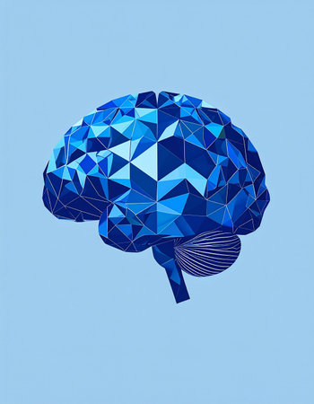 A 3D rendering of a human brain constructed from geometric polygons, symbolizing the intersection of human intelligence and advanced digital technology. This abstract concept represents ideas like artificial intelligence, data processing, and the future of cognitive science.の素材