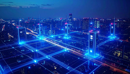 An aerial view shows a sprawling metropolis at night, transformed into a smart city. Luminous blue lines of data flow between skyscrapers, illustrating a vast digital network of information, communication, and the Internet of Things, symbolizing global connectivity and the future of urban innovation.の素材