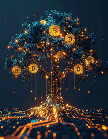 A luminous digital tree flourishes with glowing Bitcoin coins, its roots deeply embedded in a vast network of circuit board pathways. This conceptual image represents the growth of cryptocurrency, fintech innovation, and the burgeoning digital economy, symbolizing wealth and investment in a futuristic technological landscape.の素材