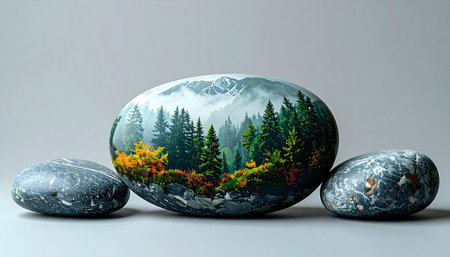 A miniature world captured on a smooth river stone. This detailed, hand-painted artwork brings a serene mountain forest to life, showcasing a tranquil landscape as a unique piece of decorative art. It represents creativity, patience, and a deep connection to the natural world.の素材