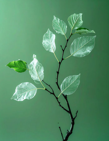 A single vibrant green leaf emerges on a branch of transparent, lifeless leaves, symbolizing hope, renewal, and individuality. This minimalist composition on a green background represents the resilience of nature against an artificial world, a concept of new beginnings and standing out.の素材