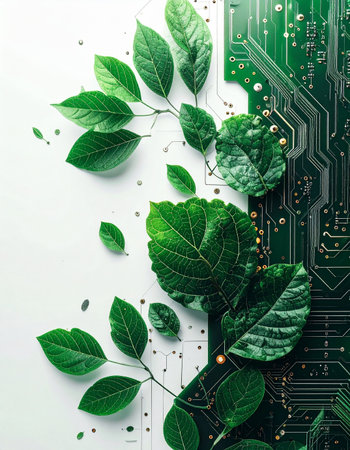 A powerful visual concept where vibrant green leaves grow from and merge with a complex electronic circuit board, symbolizing the perfect integration of nature and technology. This image represents ideas of sustainability, eco-friendly innovation, and the future of green energy solutions.の素材
