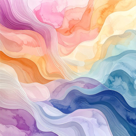 A gentle cascade of pastel watercolor waves flows across the canvas, creating a serene and dreamy landscape. The soft blend of pink, orange, blue, and purple hues evokes a sense of calm harmony and fluid motion, perfect for projects related to wellness, creativity, and tranquil beauty.の素材