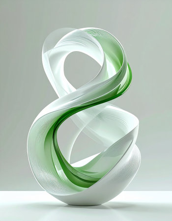 A graceful, flowing glass sculpture captures the essence of perpetual motion and sustainable growth. Its smooth curves and elegant green swirl evoke a sense of harmony and modern innovation, making it a perfect symbol for forward-thinking concepts in technology, finance, and wellness.の素材