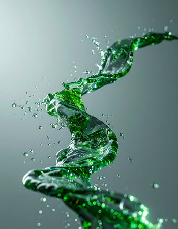 A vibrant stream of emerald green liquid twists and spirals through the air, captured in a moment of dynamic energy. Tiny droplets scatter from the main current, suggesting refreshment, vitality, and the pure essence of a powerful, clean formula.の素材