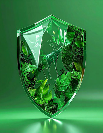 A crystal-clear shield encapsulates a vibrant, thriving ecosystem of tropical plants, symbolizing the critical importance of protecting our natural world. This powerful visual represents concepts of environmental conservation, sustainable technology, and the secure future of our planets biodiversity.の素材