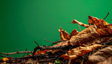A detailed close-up of crisp, decaying autumn leaves and tangled twigs, symbolizing the end of a season. The pile rests against a stark, vibrant green background, offering a powerful visual contrast and ample copy space for creative projects.の素材