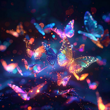 In a mystical twilight forest, a vibrant swarm of luminous butterflies takes flight, their wings painting the night with trails of ethereal light. Each flicker and flutter creates a mesmerizing dance of color and magic, evoking a sense of wonder, enchantment, and otherworldly beauty.の素材