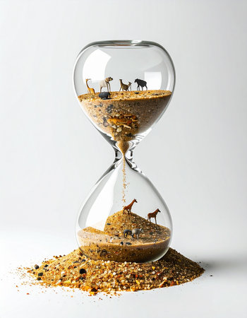In a surreal depiction of times relentless march, miniature animals stand atop shifting sands within an hourglass. As the grains fall, they symbolize the urgent countdown facing global biodiversity, a poignant metaphor for extinction and the fragility of life.の素材