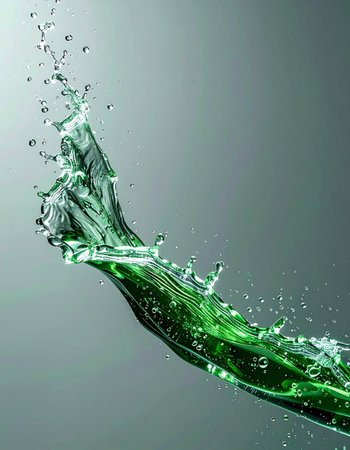 A vibrant surge of green liquid is captured in a moment of dynamic energy, its droplets scattering like jewels against a clean, neutral background. This image evokes a sense of refreshment, vitality, and the pure power of fluid motion.の素材
