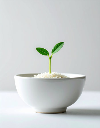 A single green sprout emerges from a simple white bowl of rice, symbolizing new beginnings, sustainable growth, and the potential for life to flourish from the most basic sustenance. This minimalist concept represents hope, agricultural innovation, and the future of food.の素材